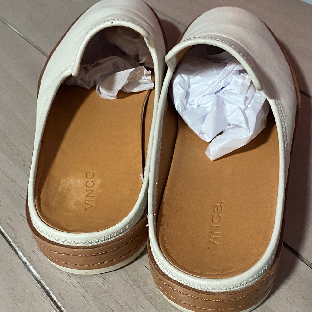 Vince White Leather Slip-On Mules with Tan Insole - Picture 4 of 9